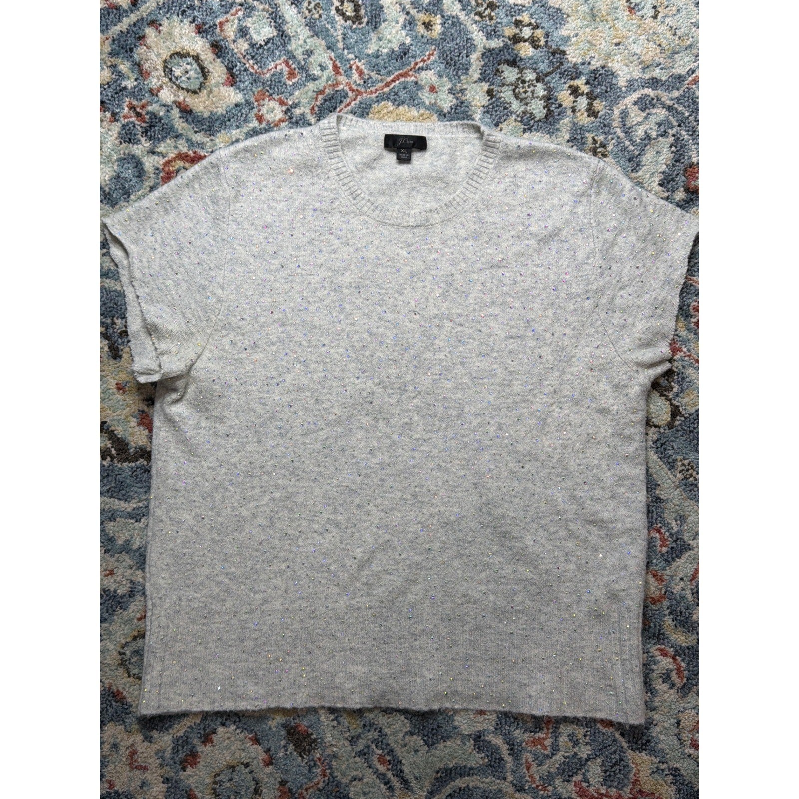 J.Crew Short Sleeve Sweater Women XL Gray Rhinestone Merino Wool Blend EUC3