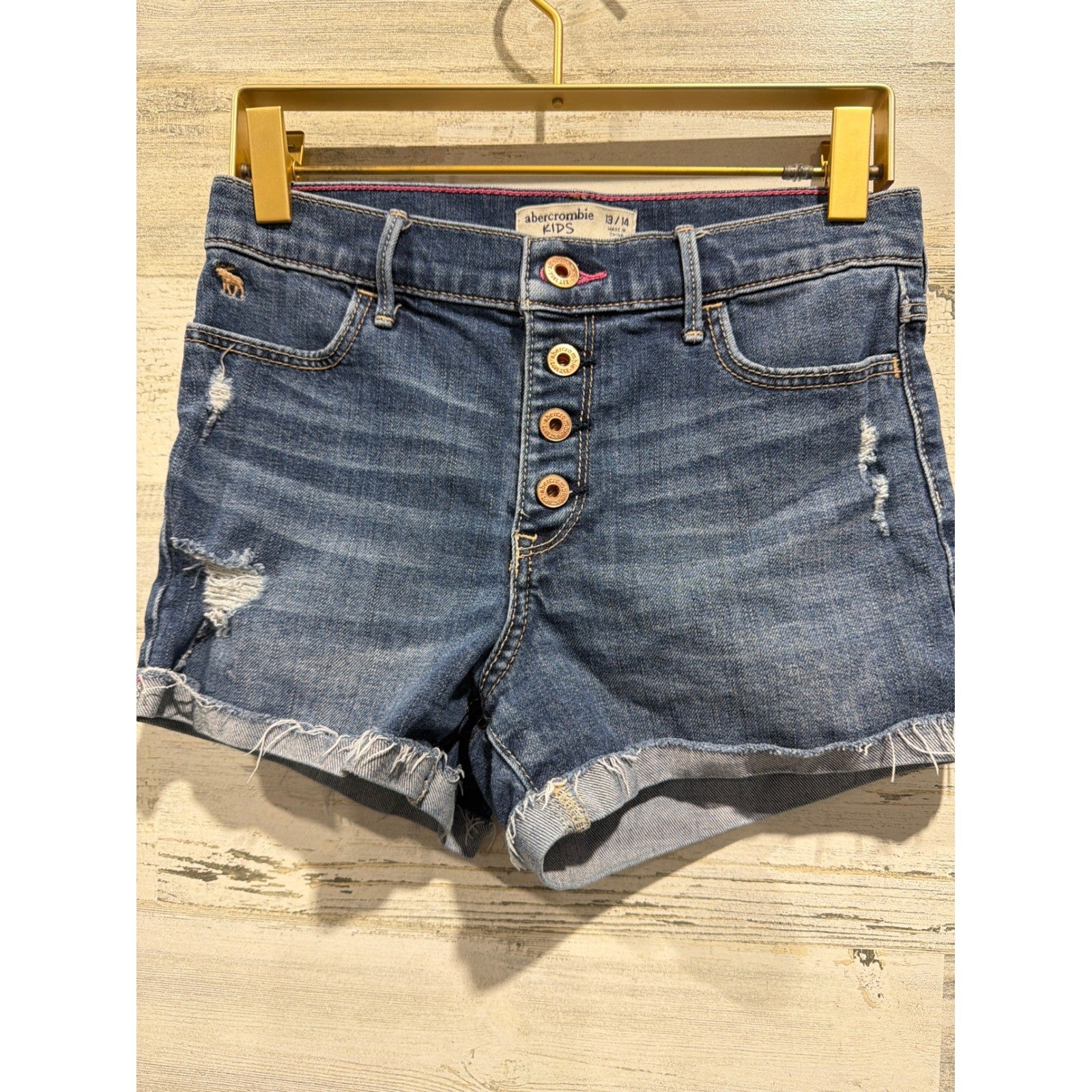 Abercrombie Denim Shorts Girls 13/14 Blue Distressed Button Fly EUC0