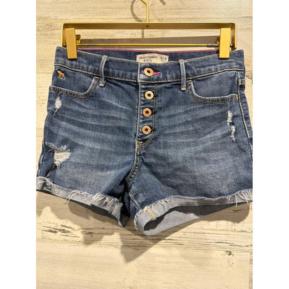 Abercrombie Denim Shorts Girls 13/14 Blue Distressed Button Fly EUC0