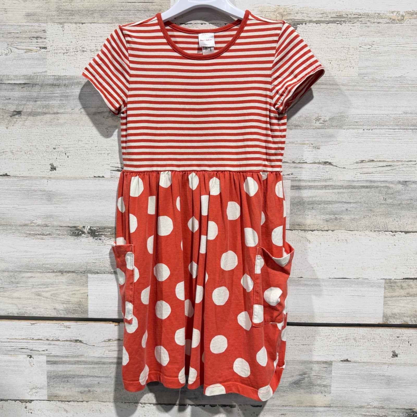 Hanna Andersson Dress Girls 10 Red Striped Polka Dot Pocket Play Scandi GUC0