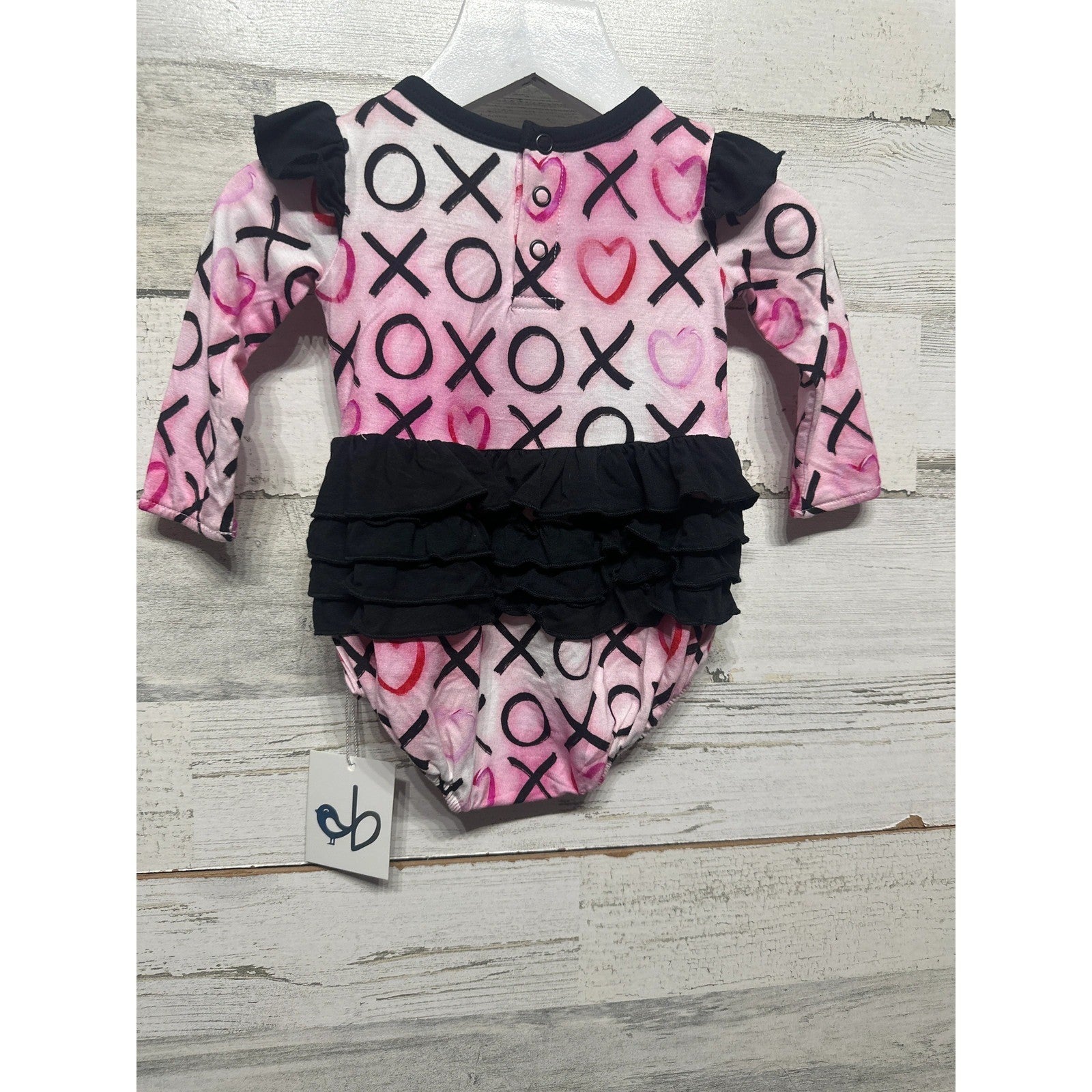 Birdie Bean Romper Baby Girls 0-3m Pink XOXO Heart Ruffle Bamboo NWT2