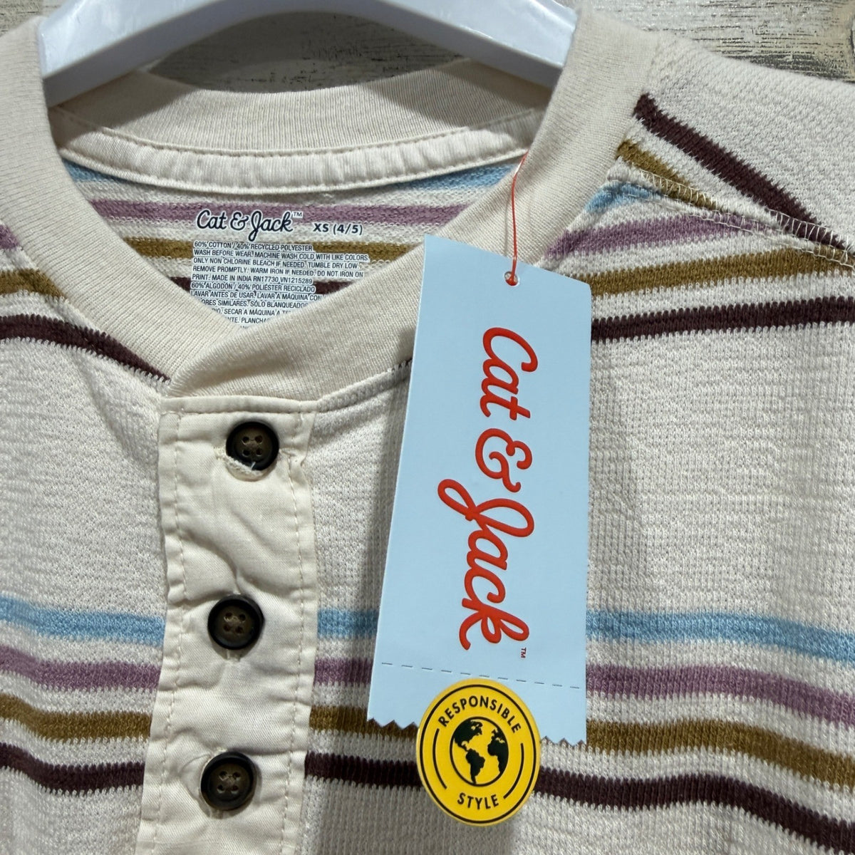Cat & Jack Henley Shirt Boys XS 4-5 Cream Striped Relaxed Waffle Knit NWT1