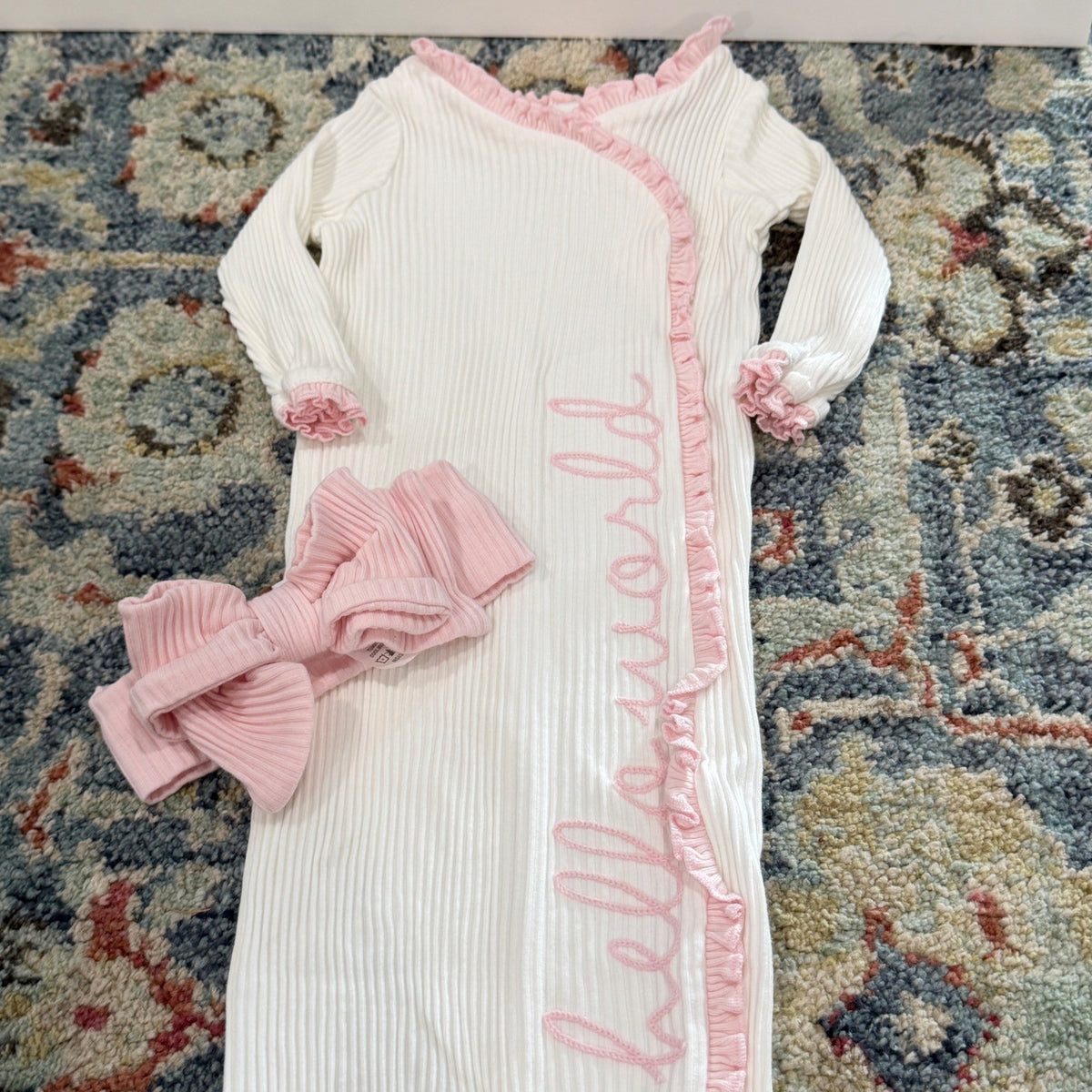 Mud Pie Hello World Sleeper Gown Girls 0-3M White Pink Ruffle Ribbed EUC0