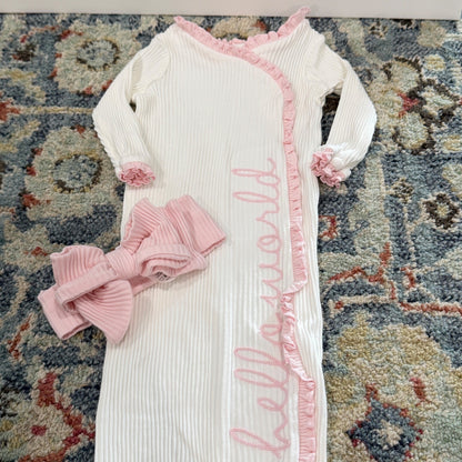 Mud Pie Hello World Sleeper Gown Girls 0-3M White Pink Ruffle Ribbed EUC0