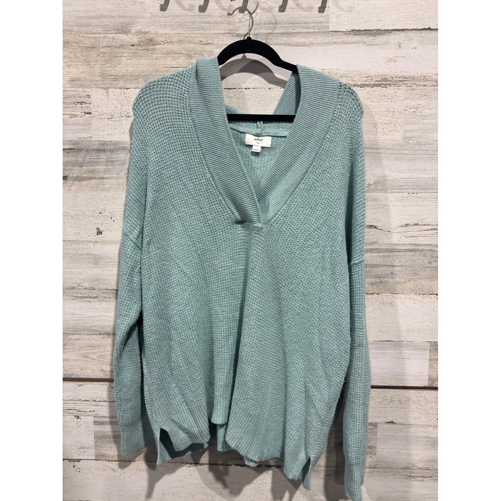 Aerie Knitted Sweater Women Medium Green V-Neck Oversized Coastal Boho EUC0