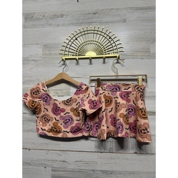 Happy Harlow Halloween Skirt Set Girls 8 Peach Mickey Pumpkin Bats EUC0