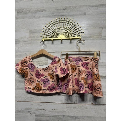 Happy Harlow Halloween Skirt Set Girls 8 Peach Mickey Pumpkin Bats EUC0