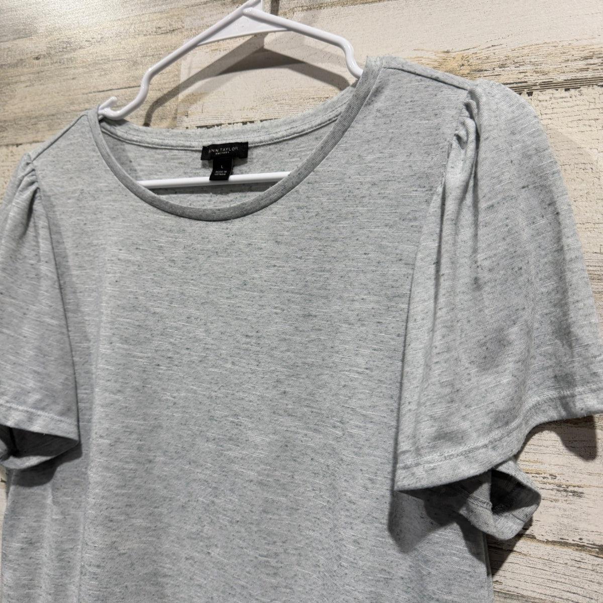 Ann Taylor Factory Puff Sleeve Top Women Large Gray Linen Blend Casual1