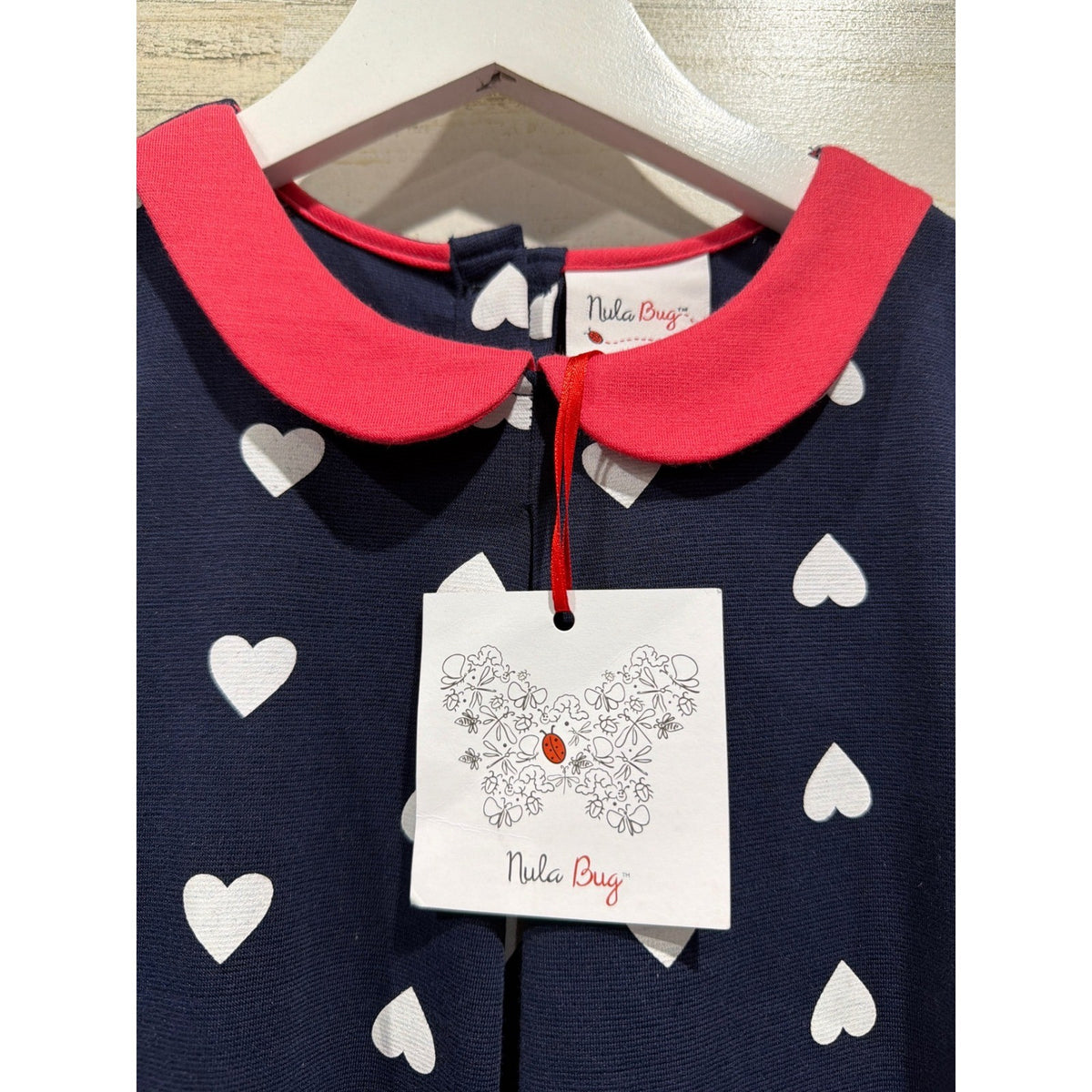 Nula Bug Heart Print Dress Girls 7 Navy Blue Peter Pan Collar Preppy NWT1