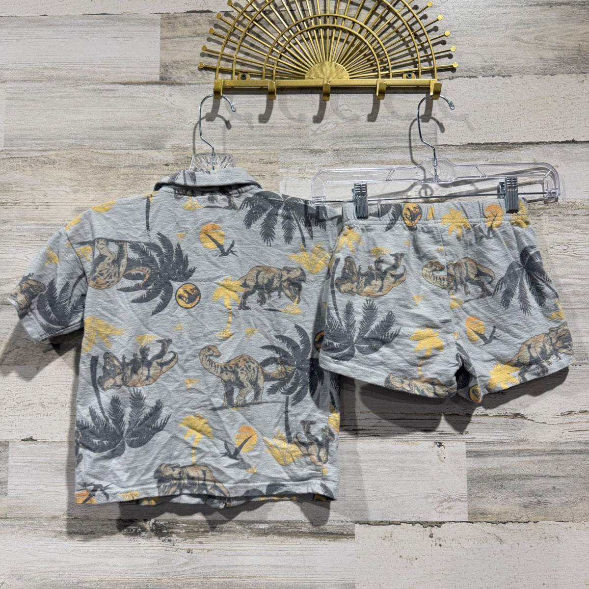 Jurassic World Dinosaur Short Set Boys 5T Grey 100% Cotton Tropical Summer EUC5