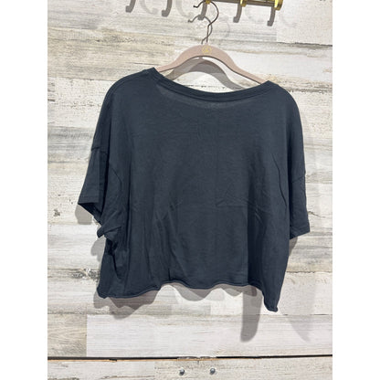 Aerie Boxy Tee Women Medium Black Cropped Raw Hem Athleisure EUC1