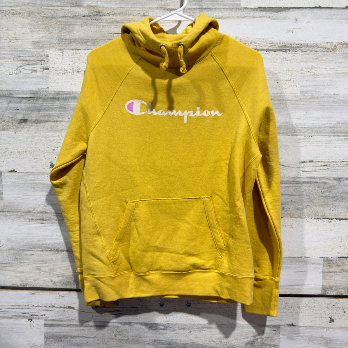 Champion Script Logo Hoodie Women Small Yellow Poly Cotton Athleisure Flawed*0