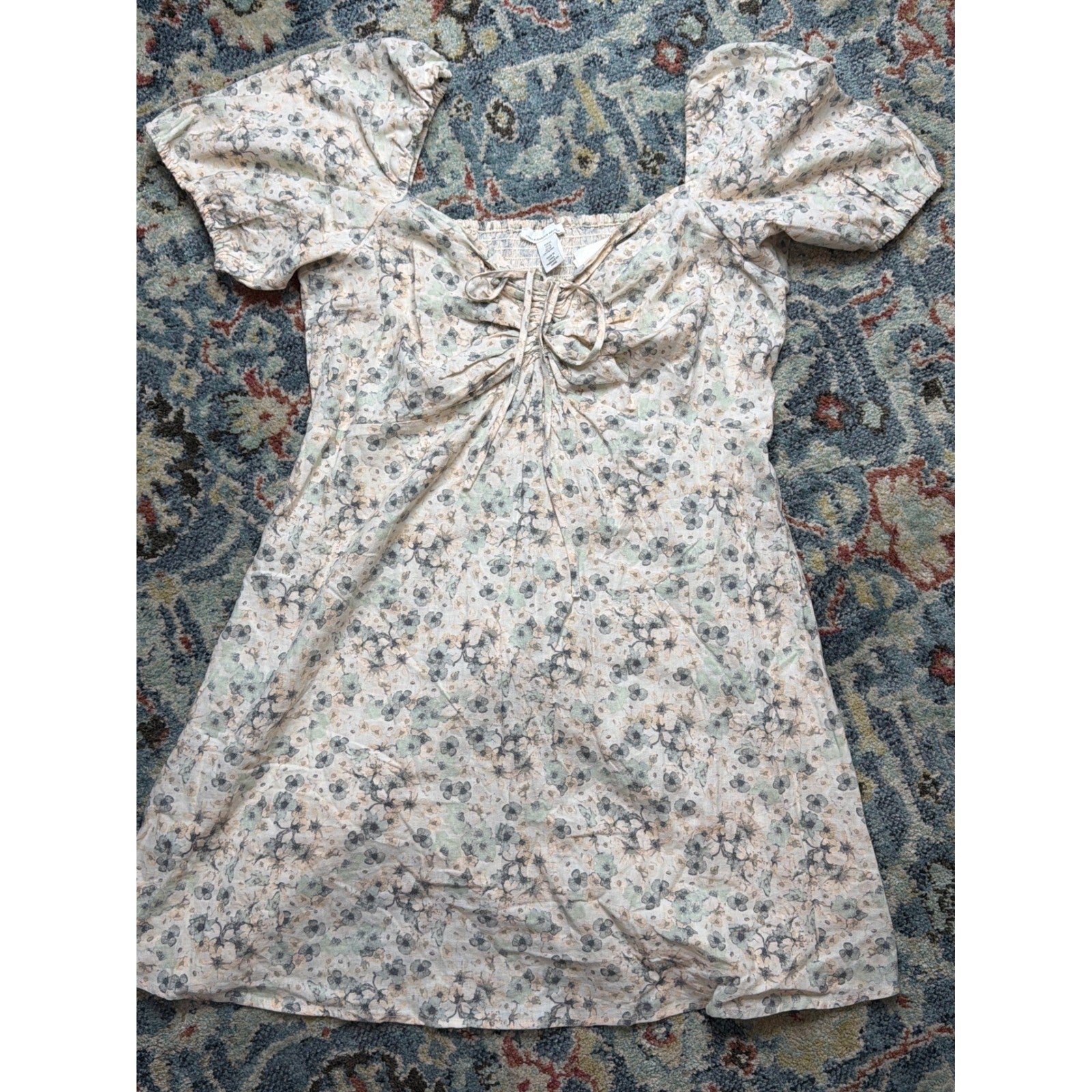 H&M Linen Blend Dress Women XL Cream Floral Puff Sleeve Tie Front NWT0