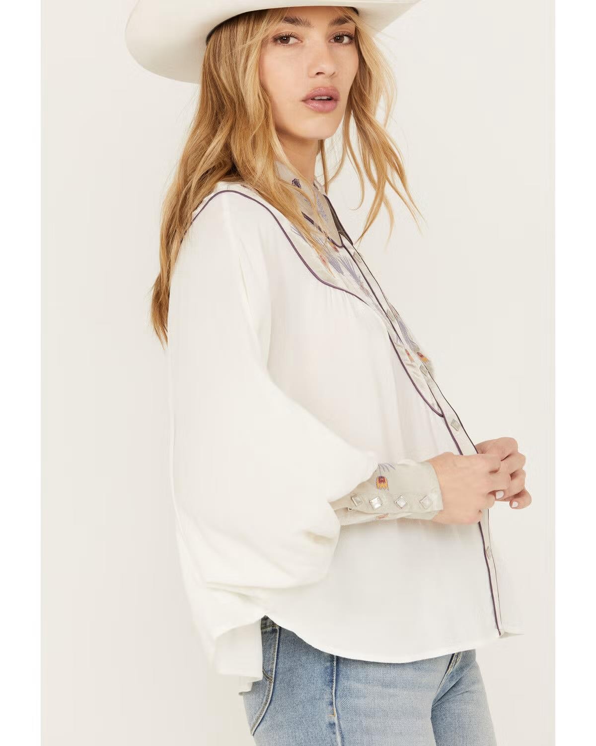 Shyanne Ranch Western Top Womens XXL White Embroidered Dolman Button Down EUC1