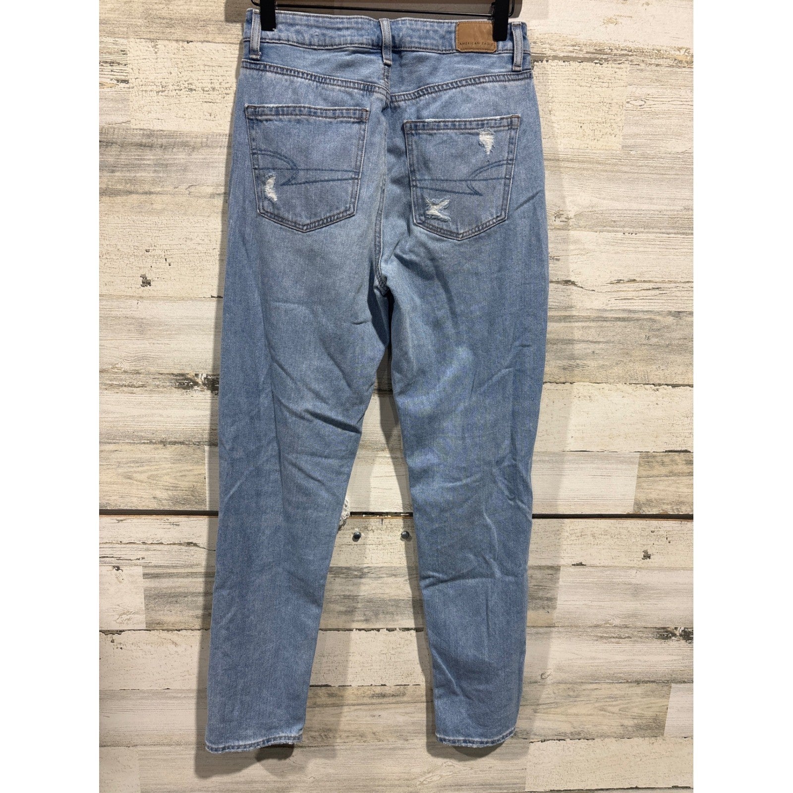 American Eagle Mom Jeans Women Size 4 Long Blue Distressed High Rise Denim2