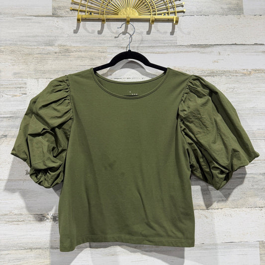 A New Day Puff Sleeve Top Women XL Green Cotton Blend Romantic Flawed*0
