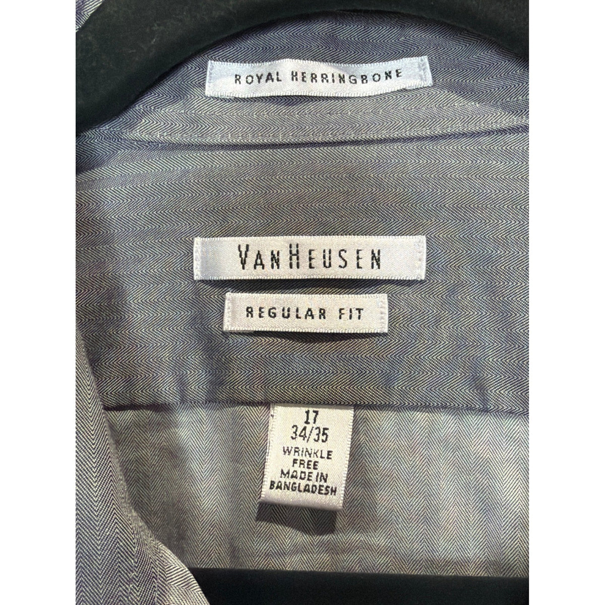 Van Heusen Dress Shirt Men 17 34/35 Grey Royal Herringbone Regular Office EUC1