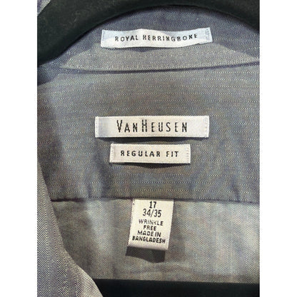 Van Heusen Dress Shirt Men 17 34/35 Grey Royal Herringbone Regular Office EUC1