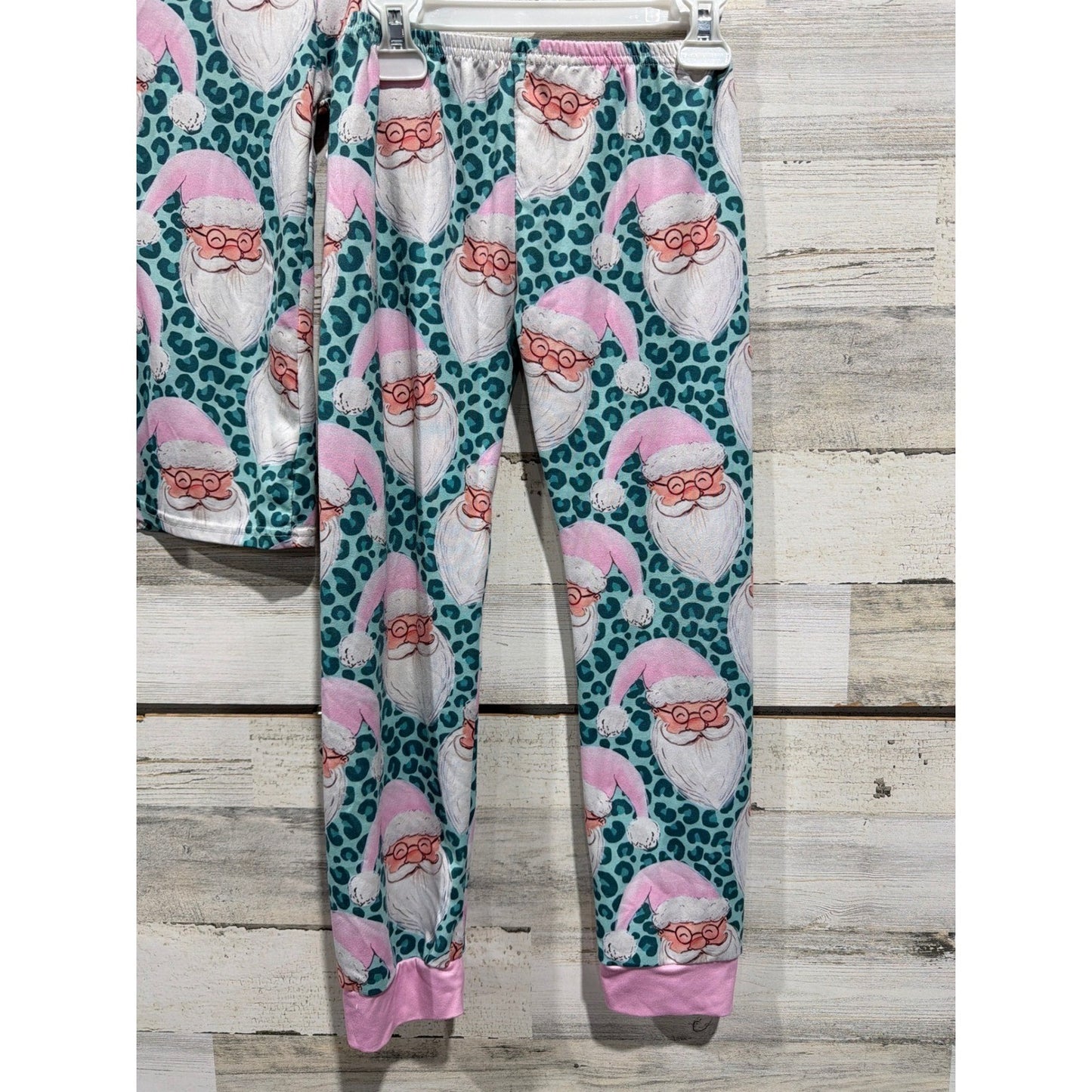 Boutique Santa Pajamas Girls 8-9 Teal Pink Leopard Print Holiday EUC3