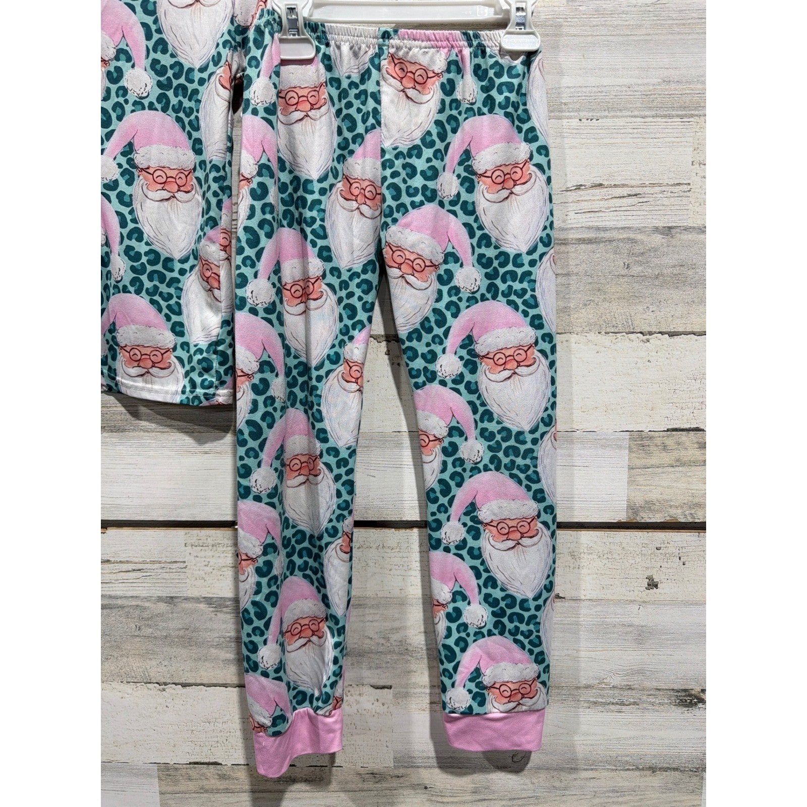 Boutique Santa Pajamas Girls 8-9 Teal Pink Leopard Print Holiday EUC3
