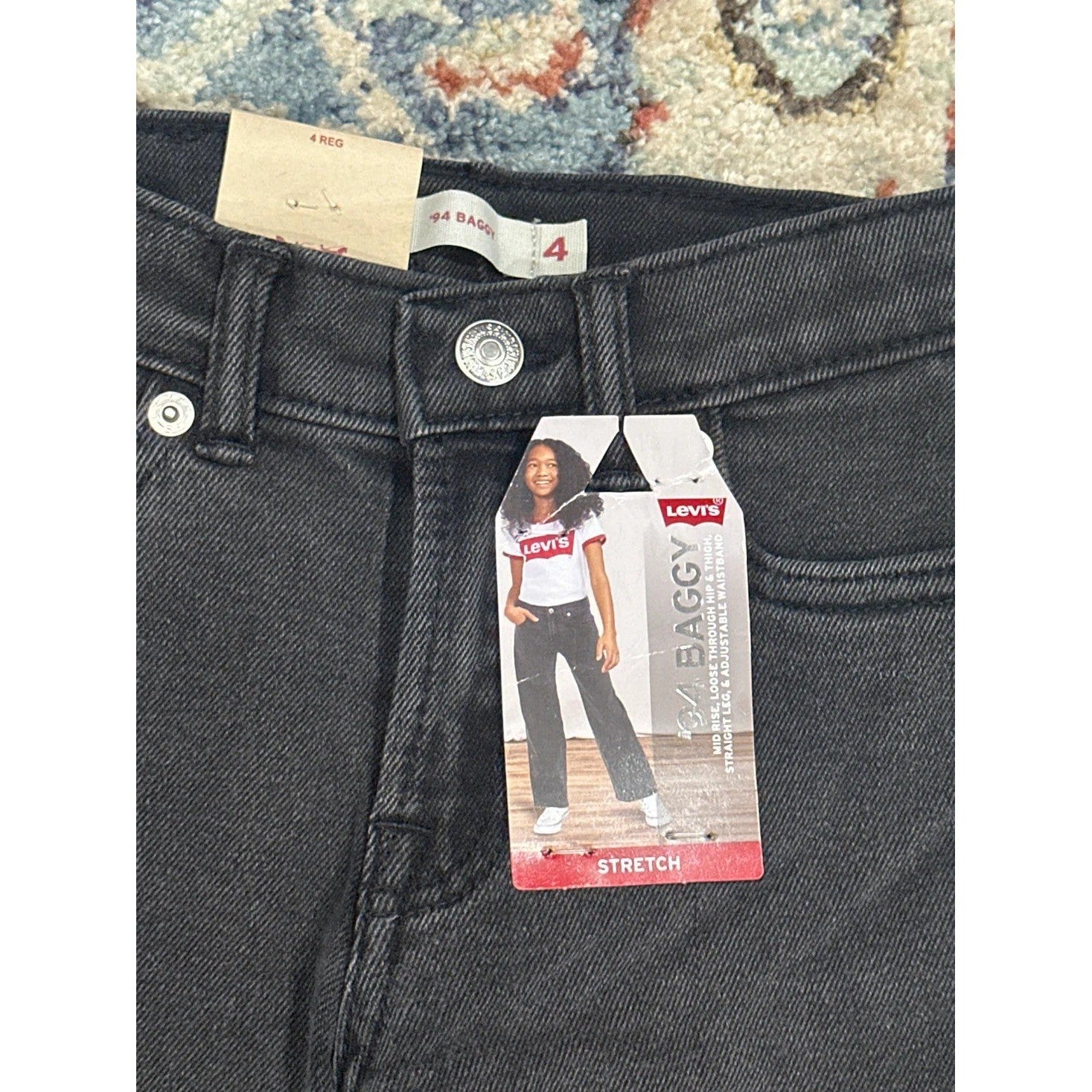 Levi's '94 Baggy Jeans Girls Size 4 Black Straight Leg Adjustable Waist NWT1