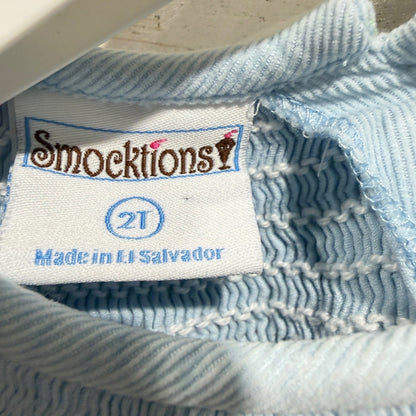 Smocktions Smocked Dress 2T Blue Corduroy Snowman Christmas Holiday *Flawed2