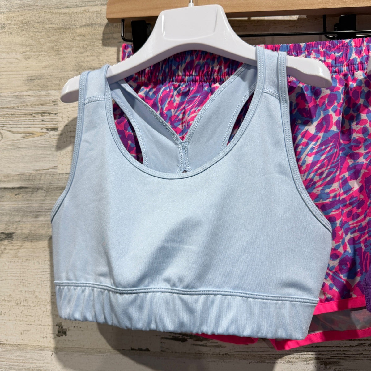 BCG Activewear Set Shorts Sports Bras Girls L 12-14 Purple Pink Pattern Modern1