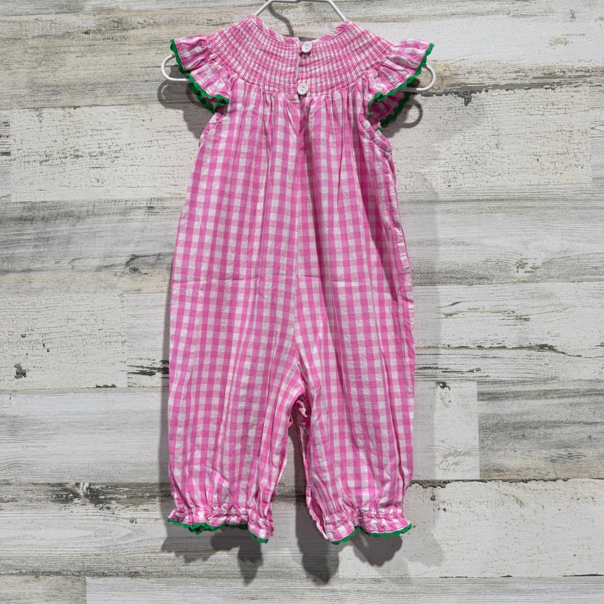 Lil Cactus Bunny Smocked Romper Girls 6-12M Pink Gingham Cotton Classic EUC2