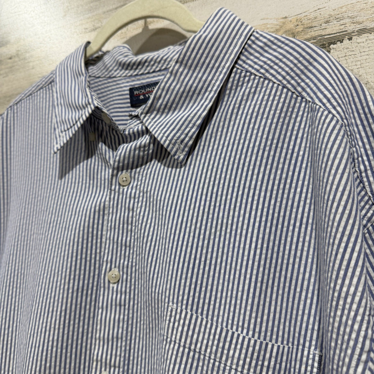 Roundtree&Yorke Seersucker Button Down Shirt Men 2XB Blue Stripe Cotton Classic1