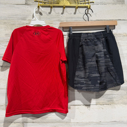 Under Armour Short Set Boys Small Red Black Logo Active *Flawed4