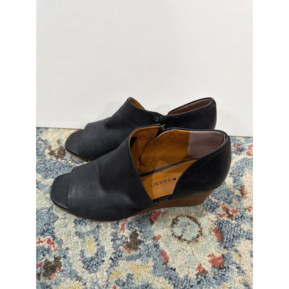 Lucky Brand Peep Toe Booties Women 7 Black Leather Block Heel Boho1