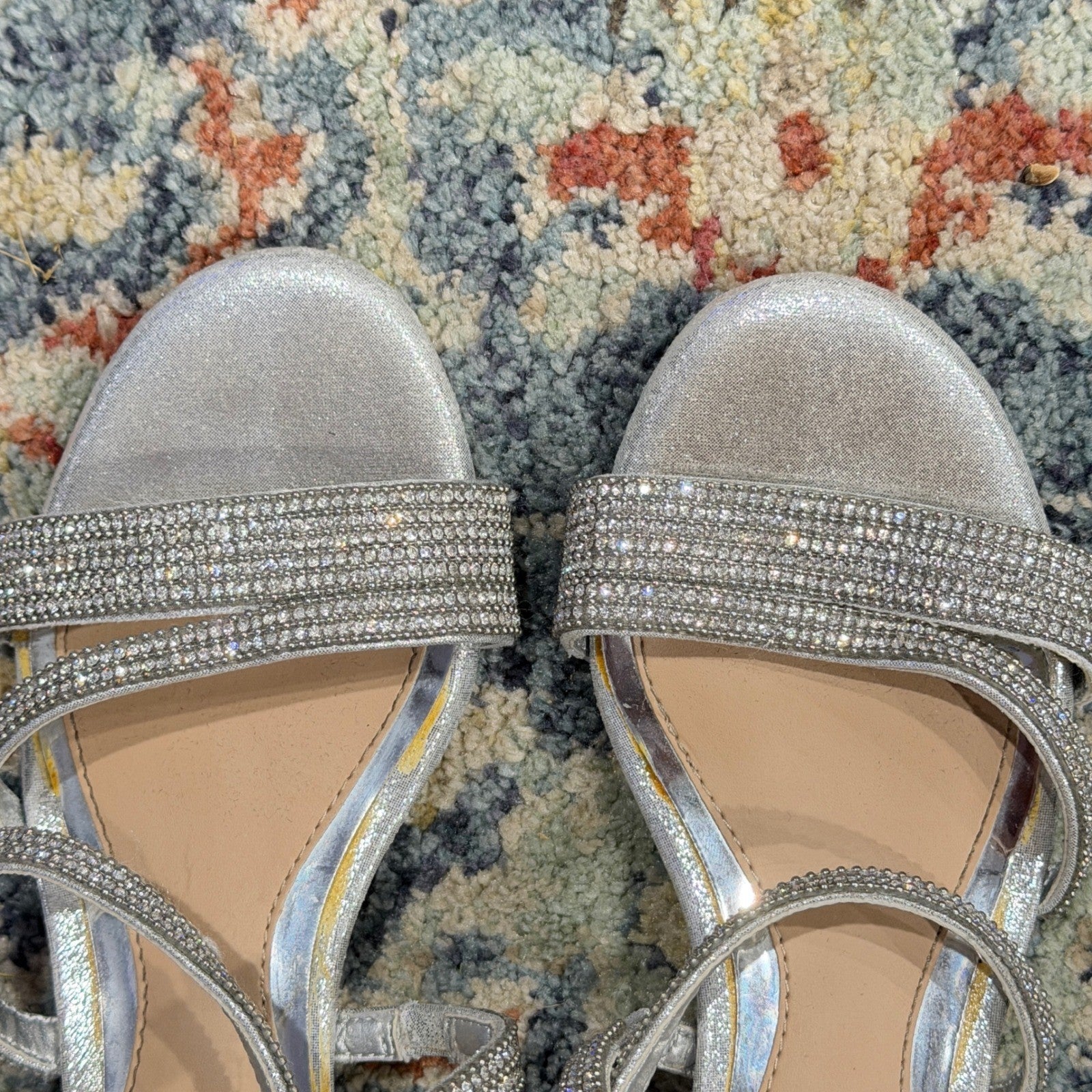 Copper Key Rhinestone Dress Sandals Girls 1 Silver Glitter Block Heel Glam GUC4