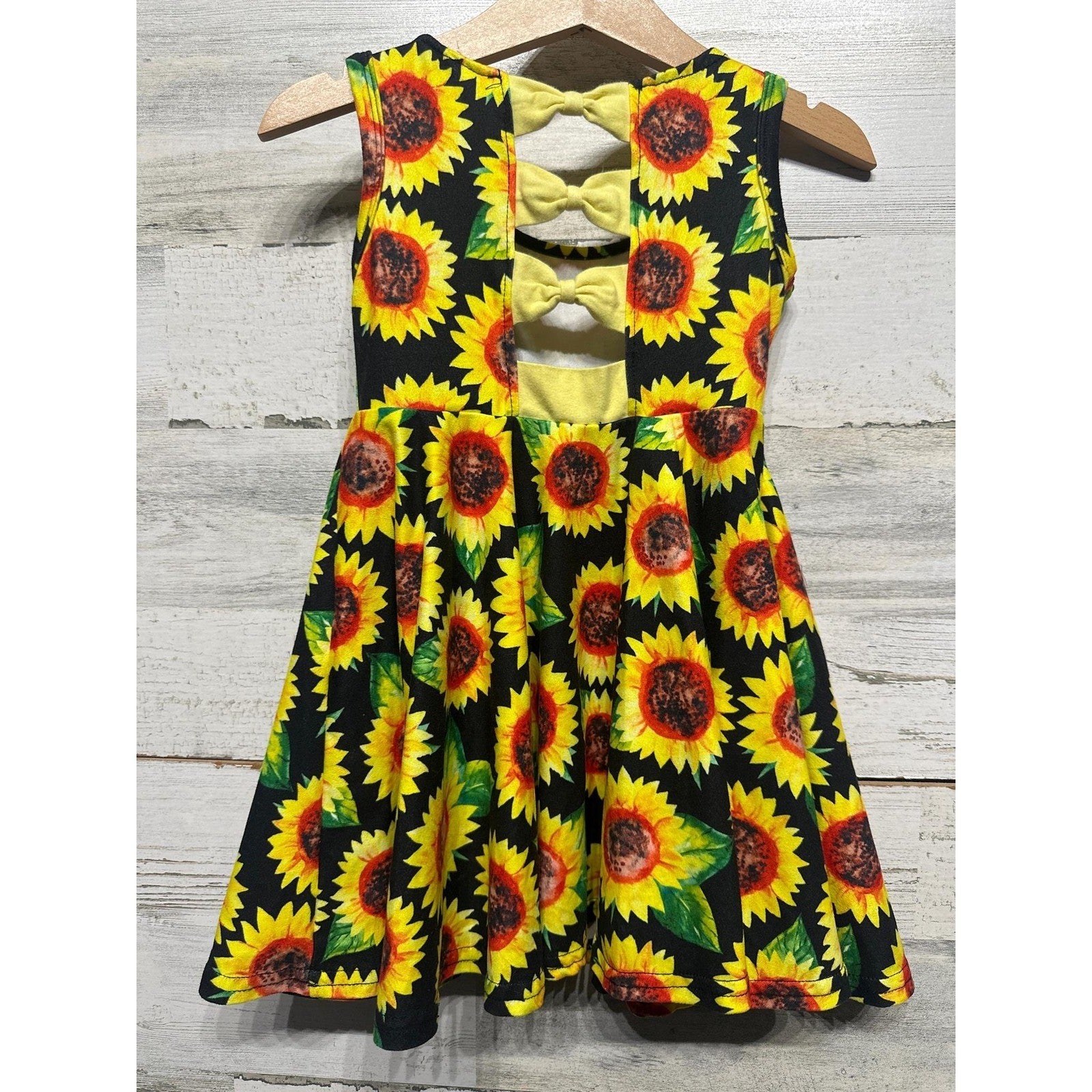 Boutique Sunflower Skater Dress Girls 2T Black Yellow Bow Back EUC1