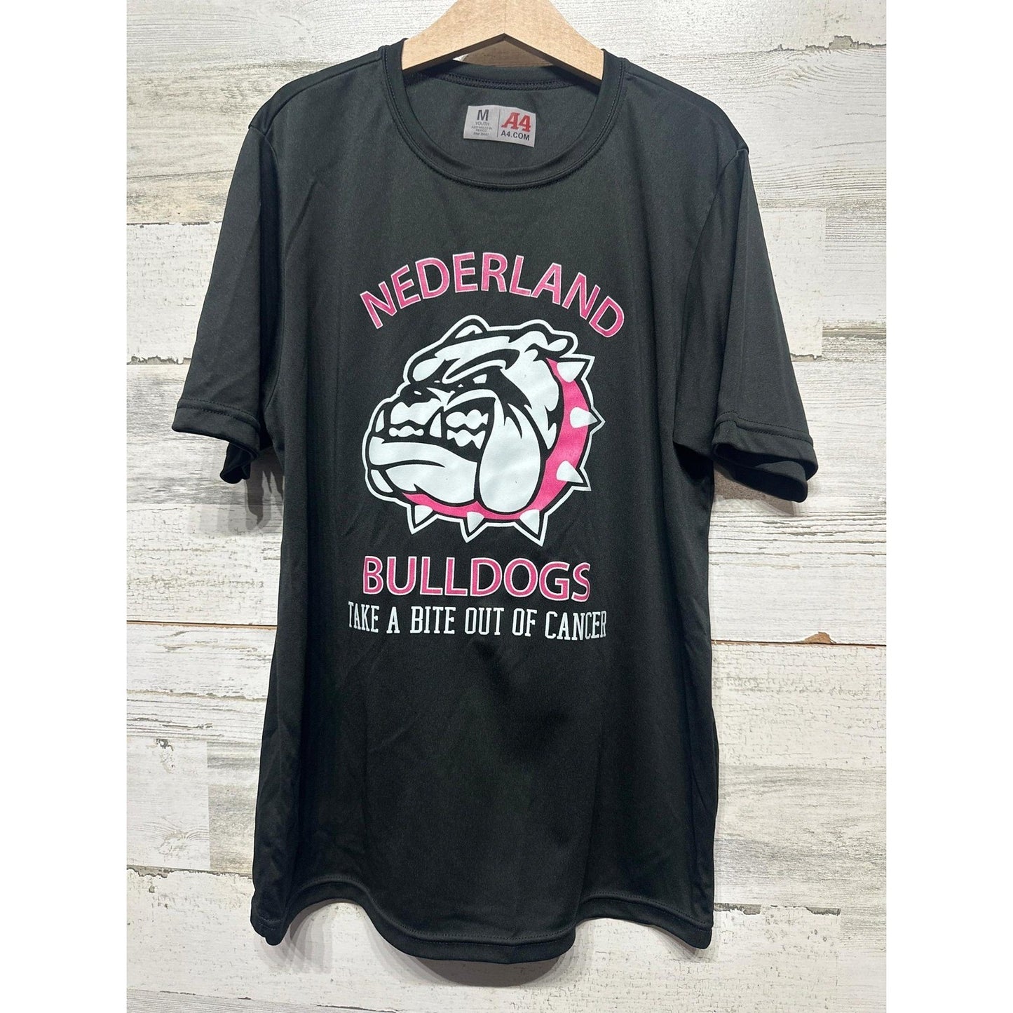 A4 Graphic Tee Boys Youth Medium Black Nederland Bulldogs Cancer Awareness EUC0