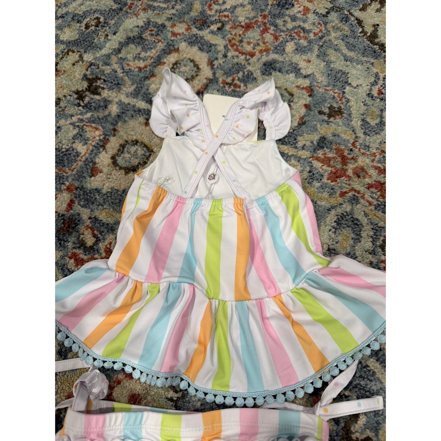 Swoon Baby Swimsuit Girls 3T 4 Multicolor Striped Ruffle Pom Pom Tankini Set NEW2