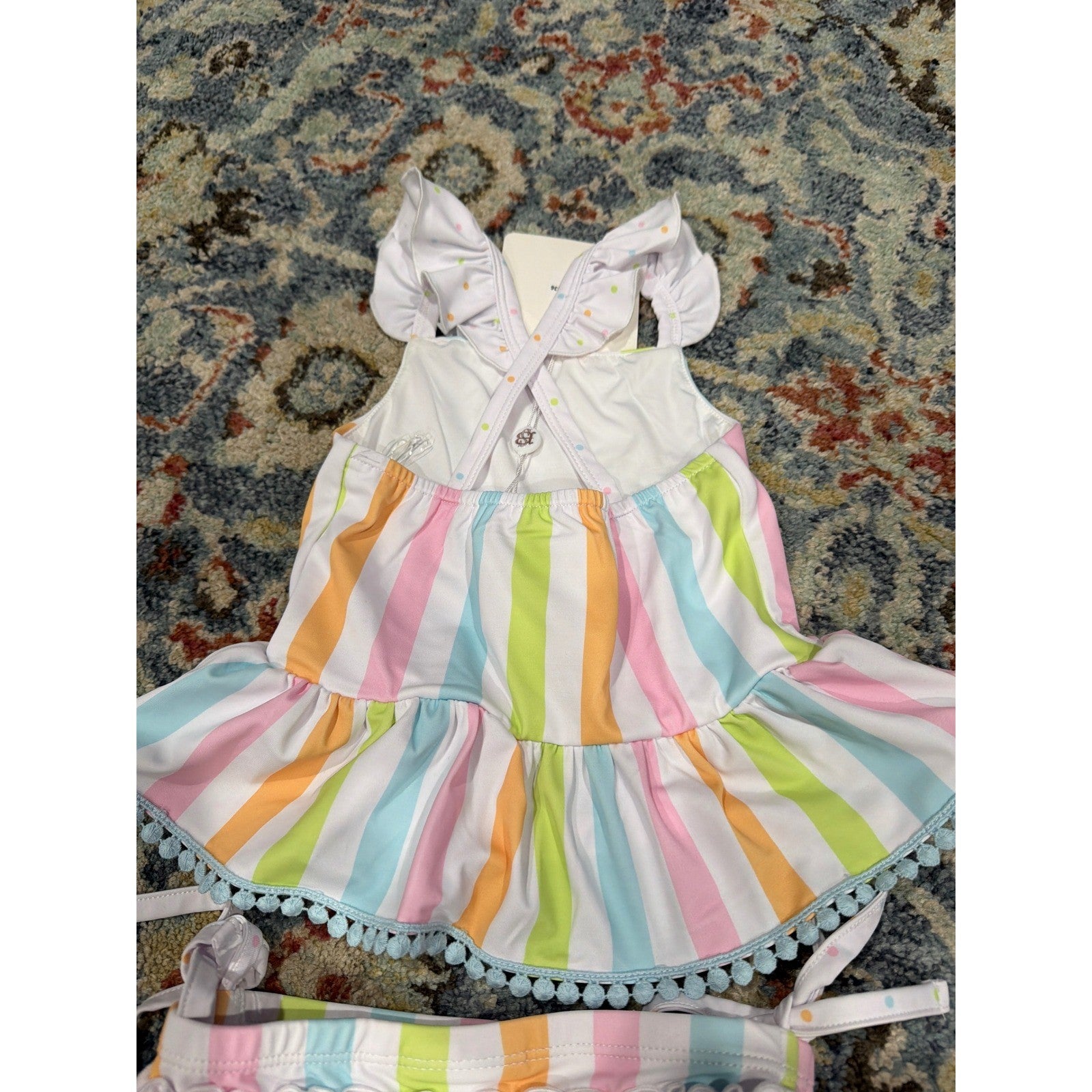 Swoon Baby Swimsuit Girls 3T 4 Multicolor Striped Ruffle Pom Pom Tankini Set NEW2
