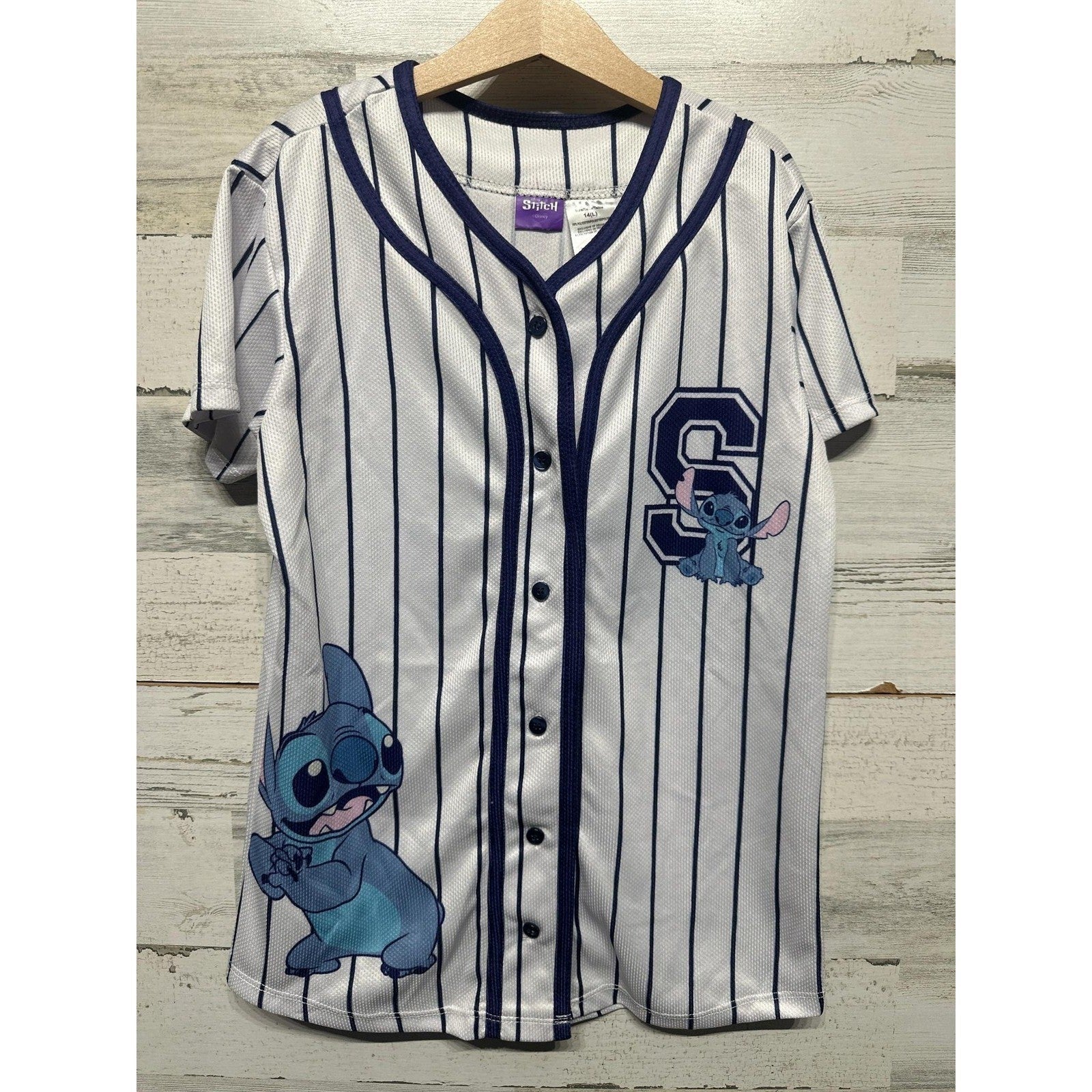 Disney Stitch Baseball Jersey Kids 14 L White Pinstripe Ohana 626 EUC0