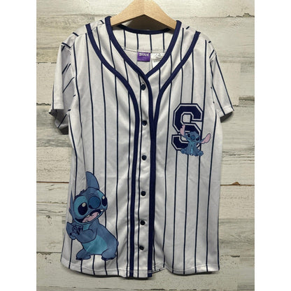 Disney Stitch Baseball Jersey Kids 14 L White Pinstripe Ohana 626 EUC0