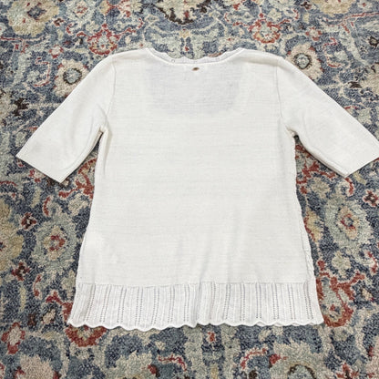 Sam Edelman Knit Top Women M White Pointelle Scalloped Coquette EUC3