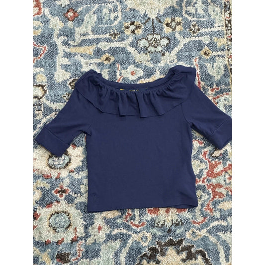 Polo Ralph Lauren Top Girls 4T Navy Blue Ruffle Neck Modal Blend EUC0