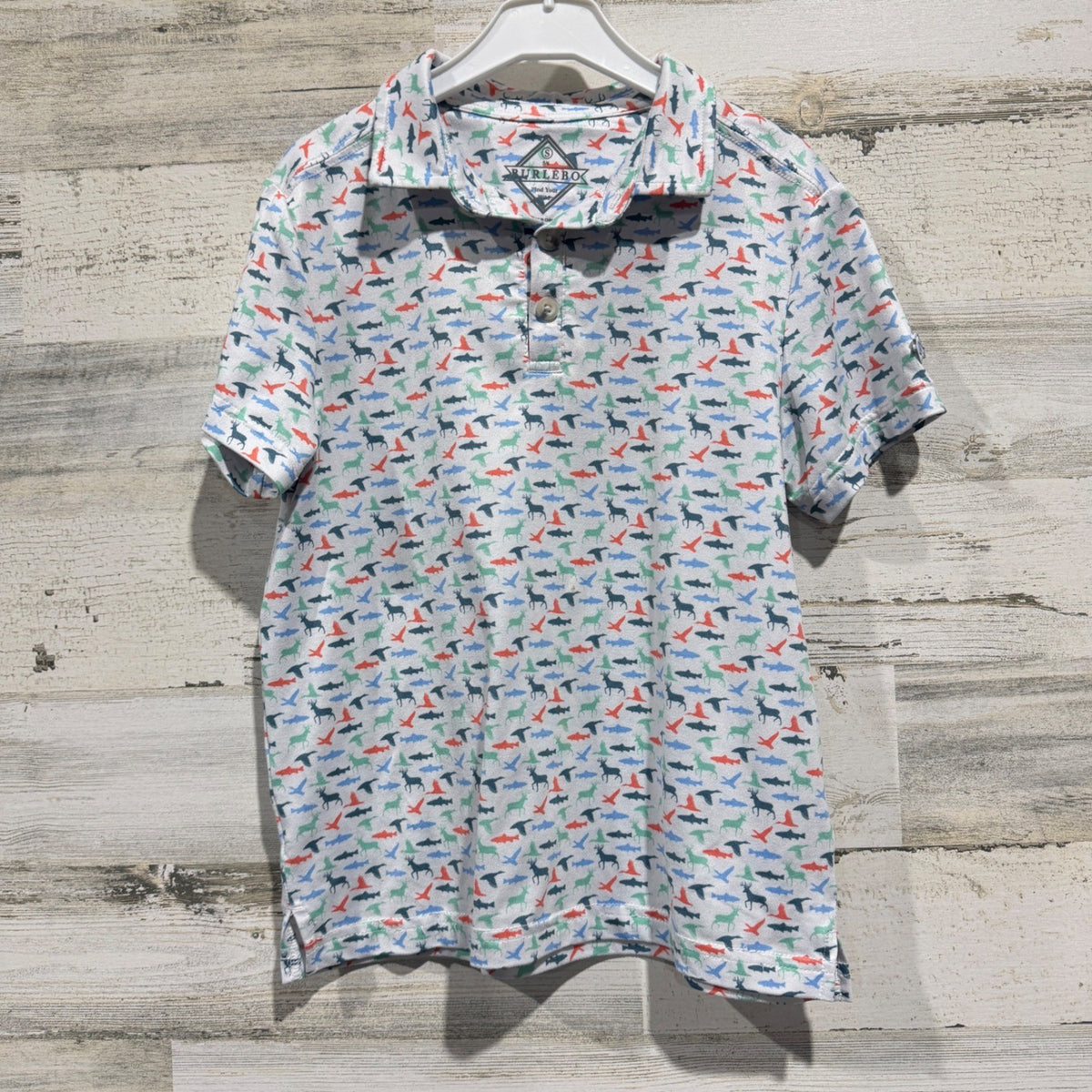 Burlebo Find Your Wild Polo Shirt Boys 5/6 White Wildlife Performance Flawed*0