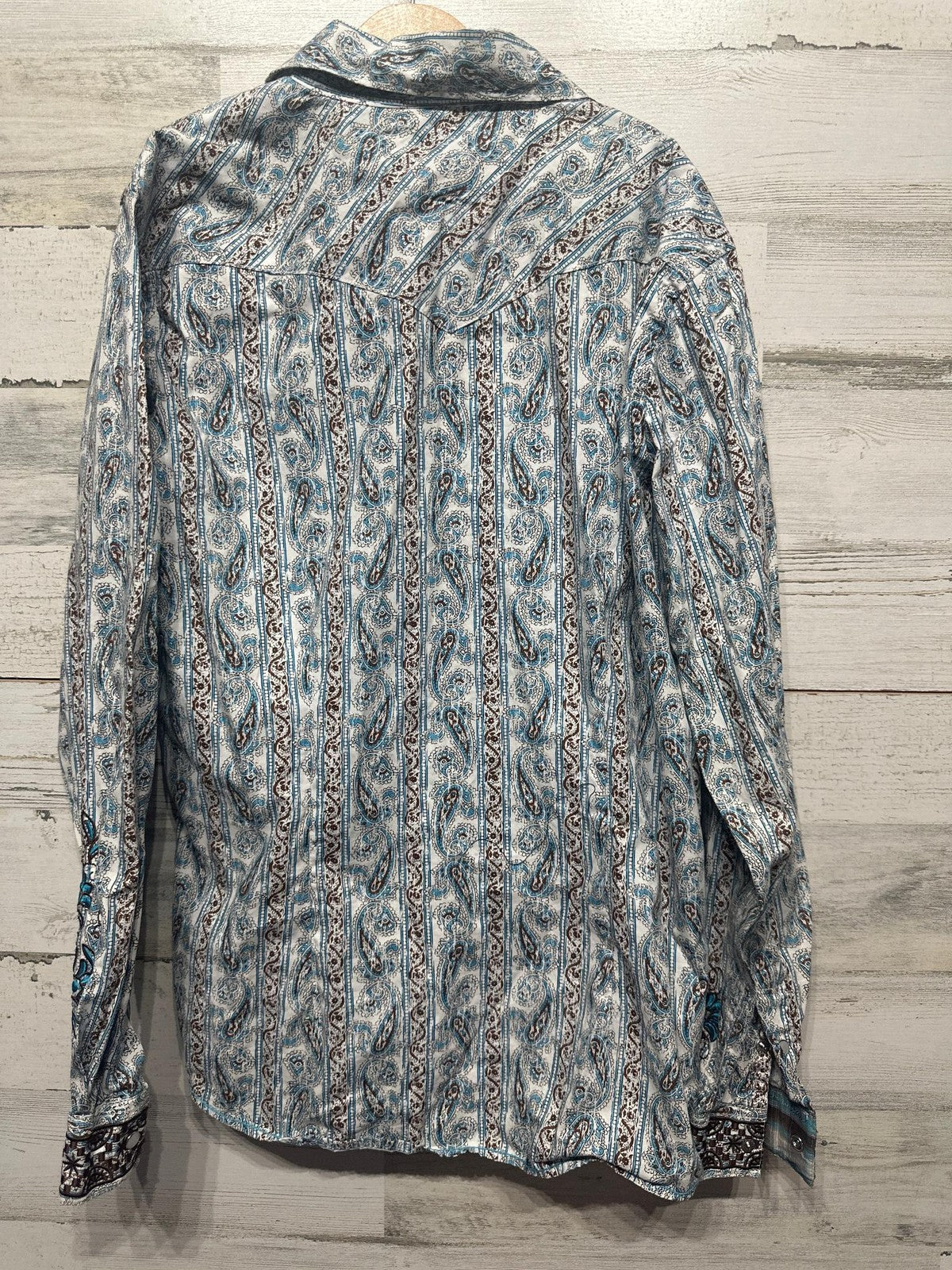 Panhandle Rough Stock Western Shirt Mens M Blue Paisley Embroidered Snap EUC4