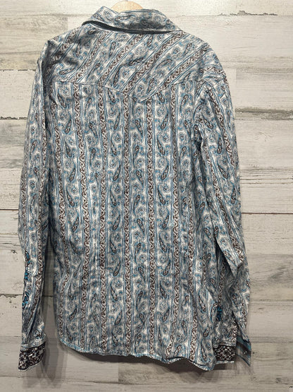Panhandle Rough Stock Western Shirt Mens M Blue Paisley Embroidered Snap EUC4