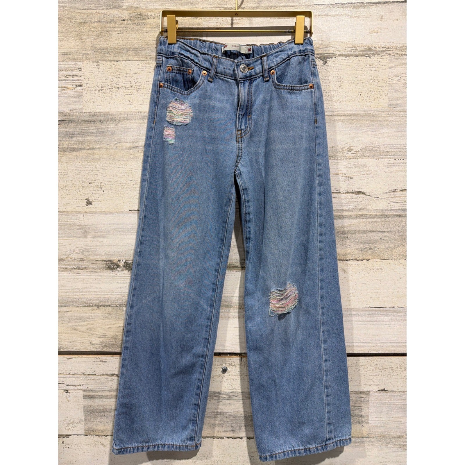 Levi's Wide Leg Jeans Girls Size 10 Blue Distressed Rainbow Denim EUC0