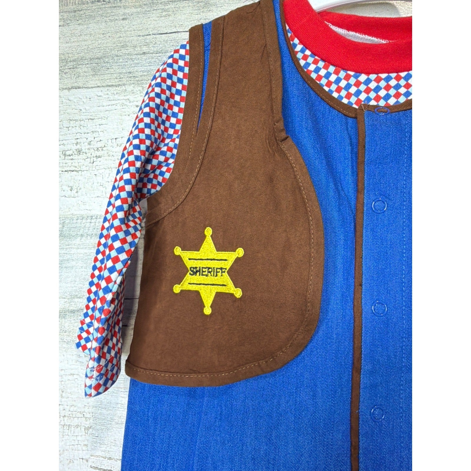 Stephan Baby Cowboy Sheriff Romper Boys 12-18M Blue Brown Western Woody Core NWT3