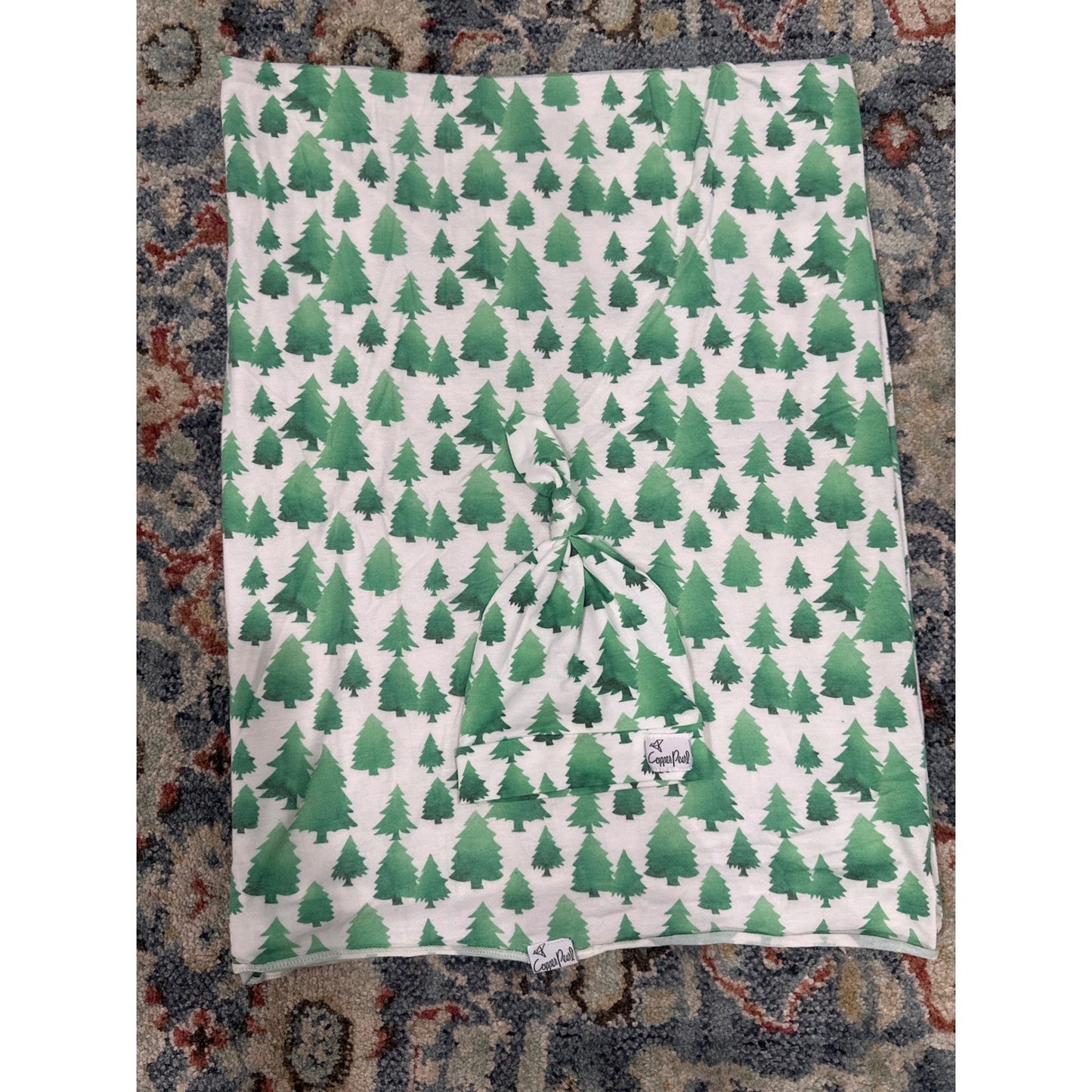 Copper Pearl Swaddle Blanket Hat Set Baby Green Pine Tree Print0