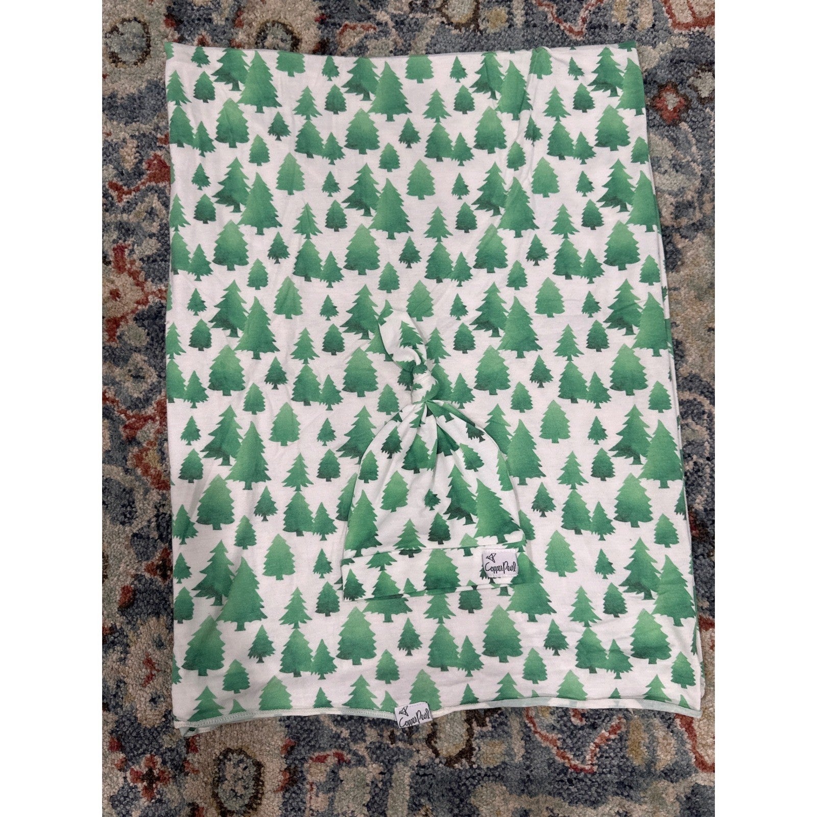 Copper Pearl Swaddle Blanket Hat Set Baby Green Pine Tree Print0