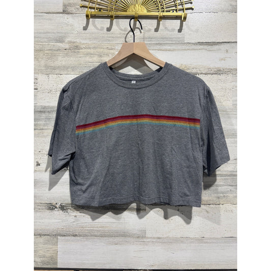 Fabletics Cropped Shirt Womens Medium Gray Rainbow Stripe Retro Athleisure EUC0