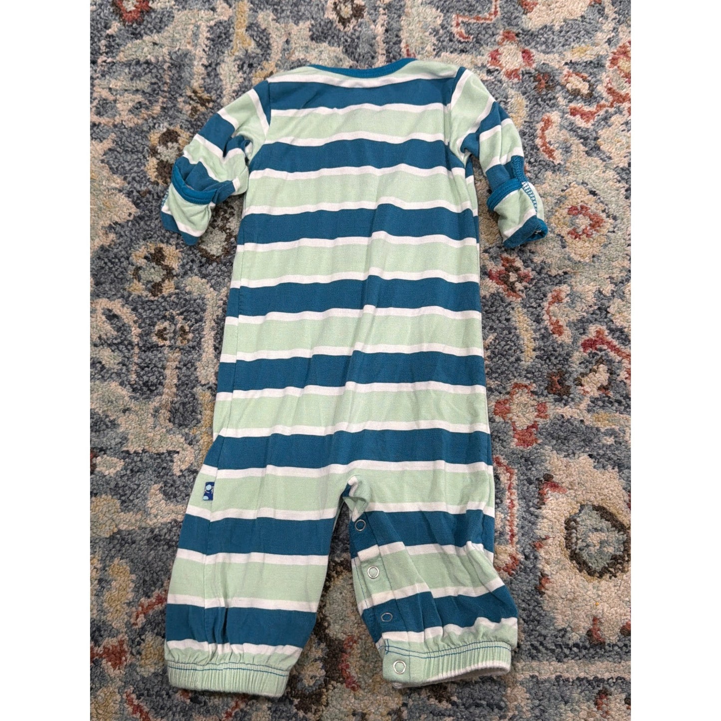 KicKee Pants Convertible Gown Romper Newborn Blue Green Striped EUC2