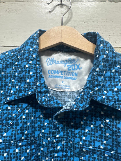 Wrangler 20X Competition Shirt Boys XL Blue Geometric Western Snap Up EUC1